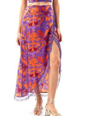 Movom Sarong Wrap Skirt Mauve Orange Print Fringe Tie One Size